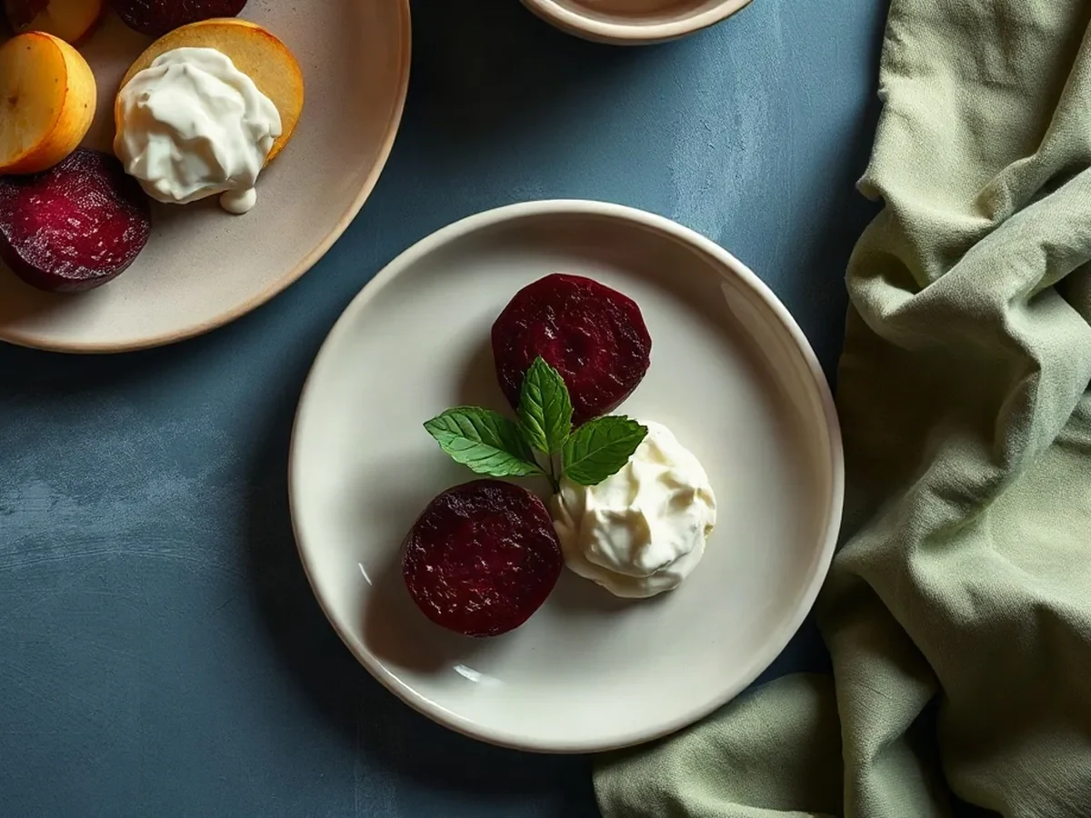 Betteraves rôties, pomme acidulée et crème aux herbes