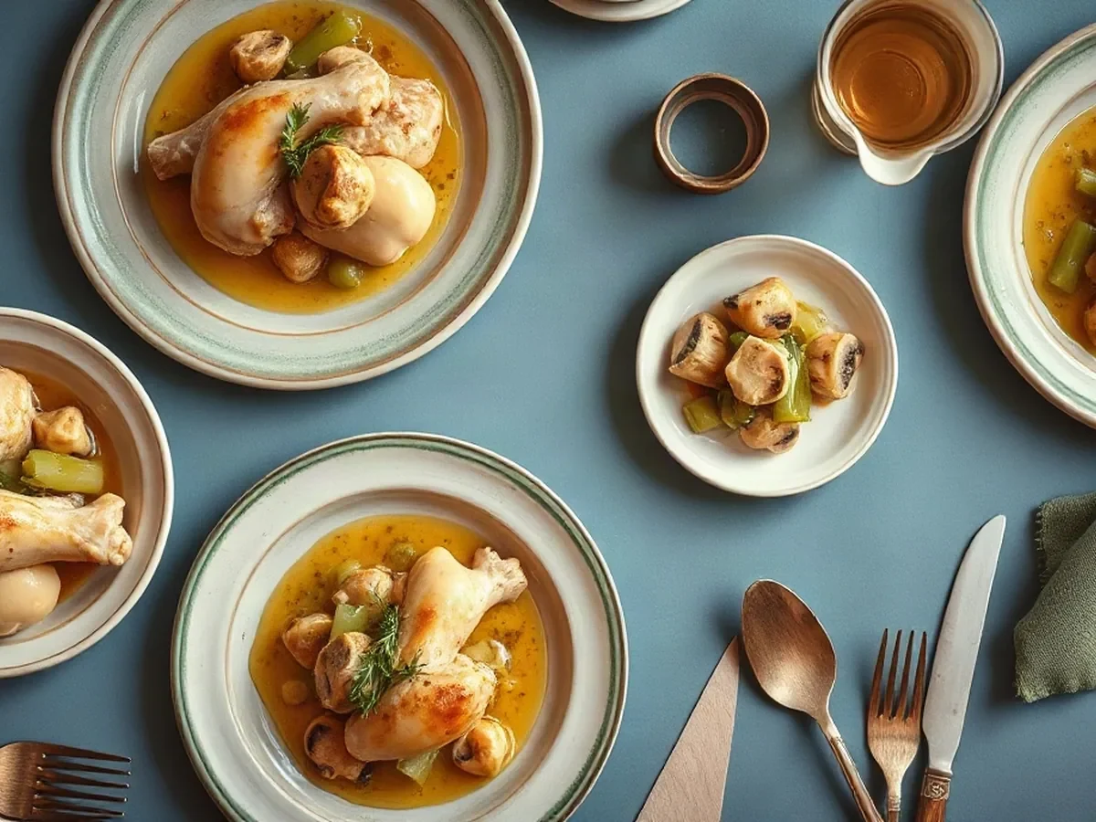 Volaille aux champignons, poireaux fondants et jus au thym