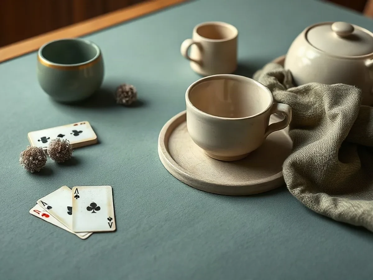 Détail de vaisselle, lin, bois et cartes sur une table