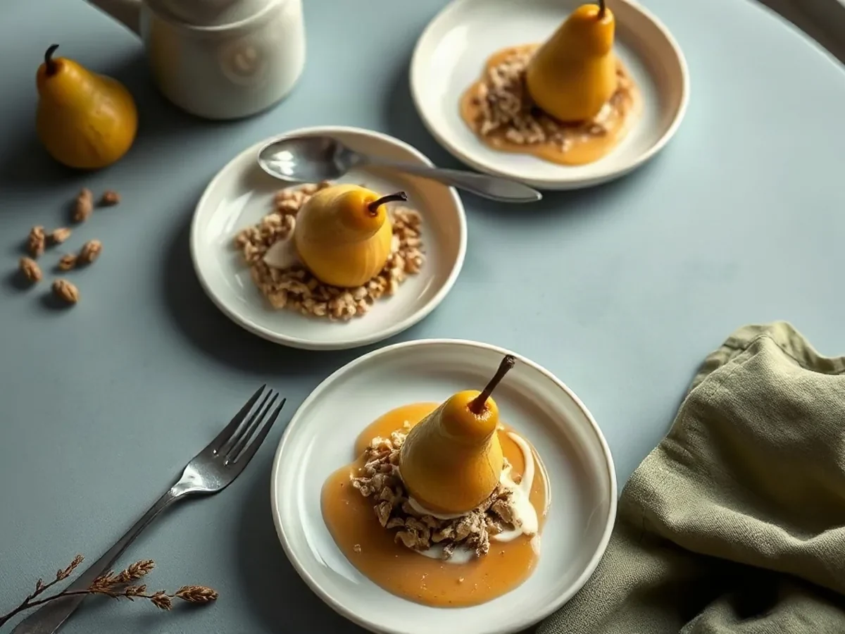 Poire pochée, sarrasin grillé et crème légère